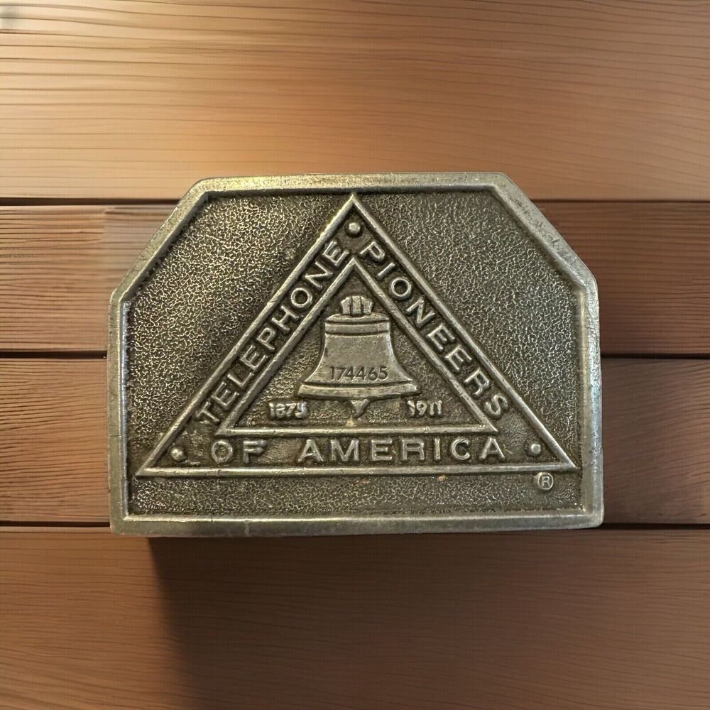 VTG Telephone Pioneers America Solid Brass Belt Buckle 1875-1911 Bell 1976 Adezy